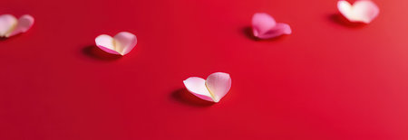 St. Valentines day, wedding banner with rose petals on red background, wedding love and romance card template texture. Copy space. Use for cute love sale banner, voucher, greeting card, wrapping paperの素材