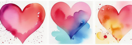 Valentines day watercolor abstract pink, red hearts pastel background banner. Perfect for Valentines Day card, romantic themed design, voucher, greeting card, wrapping paper. Concept love. Copy spaceの素材