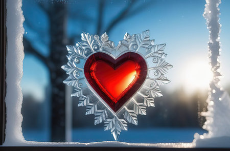 Valentines day red heart on frozen window with forest on background. Banner perfect for Valentines Day card, romantic themed design, voucher, greeting card, print. Concept love. Copy spaceの素材