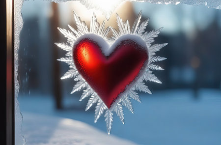 Valentines day red heart on frozen window with forest on background. Banner perfect for Valentines Day card, romantic themed design, voucher, greeting card, print. Concept love. Copy spaceの素材