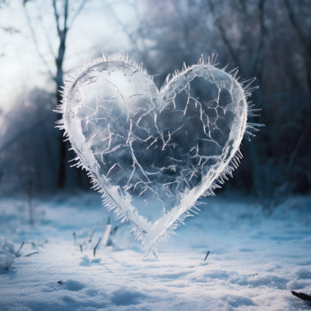 Valentines day transparent heart on frozen window with forest on background. Banner perfect for Valentines Day card, romantic themed design, voucher, greeting card, print. Concept love. Copy spaceの素材