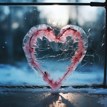 Valentines day transparent heart on frozen window with forest on background. Banner perfect for Valentines Day card, romantic themed design, voucher, greeting card, print. Concept love. Copy spaceの素材