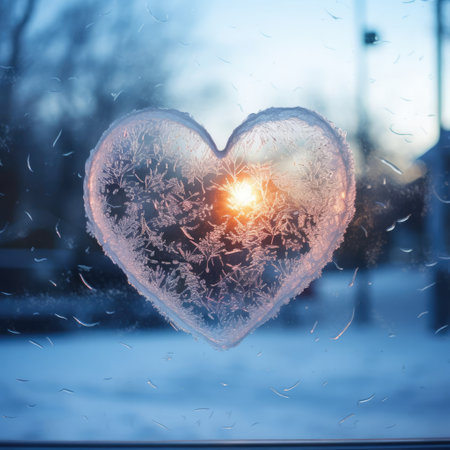 Valentines day transparent heart on frozen window with forest on background. Banner perfect for Valentines Day card, romantic themed design, voucher, greeting card, print. Concept love. Copy spaceの素材