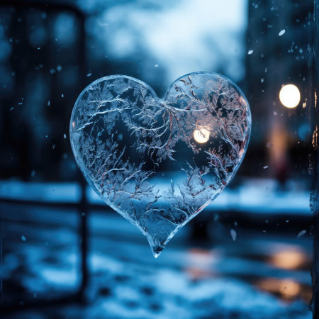Valentines day transparent heart on frozen window with forest on background. Banner perfect for Valentines Day card, romantic themed design, voucher, greeting card, print. Concept love. Copy spaceの素材