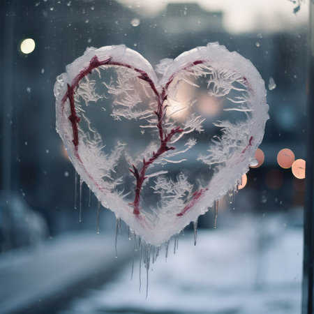 Valentines day transparent heart on frozen window with forest on background. Banner perfect for Valentines Day card, romantic themed design, voucher, greeting card, print. Concept love. Copy spaceの素材