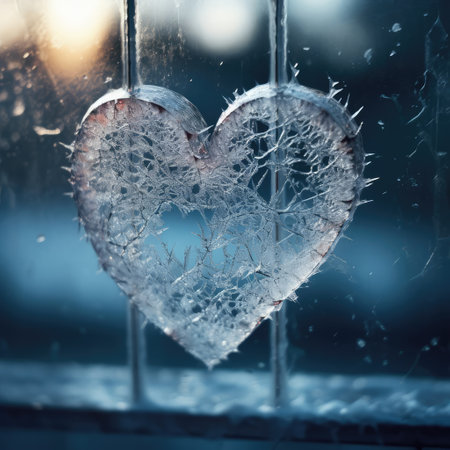 Valentines day transparent heart on frozen window with forest on background. Banner perfect for Valentines Day card, romantic themed design, voucher, greeting card, print. Concept love. Copy spaceの素材
