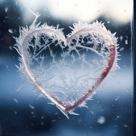 Valentines day transparent heart on frozen window with forest on background. Banner perfect for Valentines Day card, romantic themed design, voucher, greeting card, print. Concept love. Copy spaceの素材