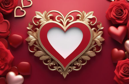 St. Valentines day, wedding banner with red ornamental heart on red background. Use for love sale banner, voucher, greeting card. Copy space. Beautiful love background for valentines day greeting cardの素材