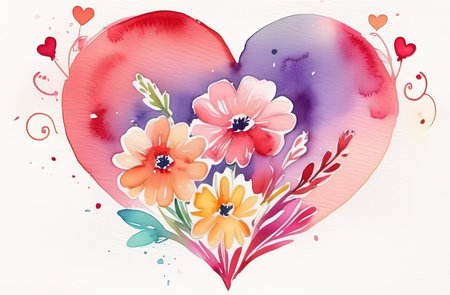 Valentines day watercolor abstract heart, flowers pastel background banner. Perfect for Valentines Day card, romantic themed design, voucher, greeting card, wrapping paper. Concept love. Copy spaceの素材