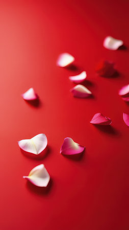 St Valentines day, wedding vertical banner with rose petals on red background, romance card template texture. Copy space. For cute love sale banner, voucher, greeting card, print, wrapping paperの素材