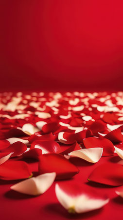 St Valentines day, wedding vertical banner with rose petals on red background, romance card template texture. Copy space. For cute love sale banner, voucher, greeting card, print, wrapping paperの素材