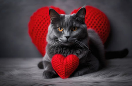 Gray fluffy cat and red knitted heart on gray background. Charming Valentines scene. For Valentines Day postcard featuring gray fluffy cat, romantic themed design, voucher. Concept love. Copy spaceの素材