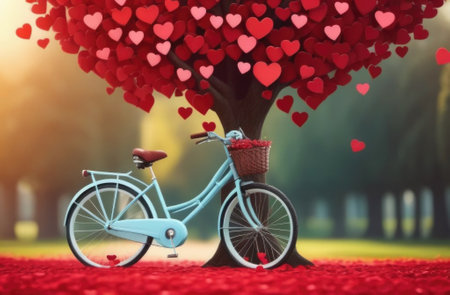 Valentines day background with retro bike and tree made out of hearts with park in bokeh background. Banner perfect for Valentines Day card, romantic themed design, voucher, print. Concept loveの素材