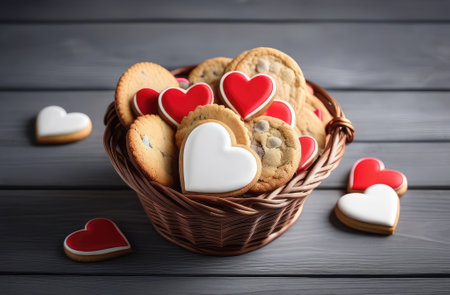 Basket with homemade tasty with icing heart shaped cookies on gray wooden table background. Valentines day, Mothers day food concept image. Banner for card, voucher, greeting card, print. Copy spaceの素材