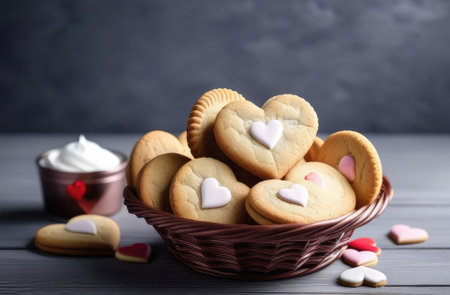 Basket with homemade tasty with icing heart shaped cookies on gray wooden table background. Valentines day, Mothers day food concept image. Banner for card, voucher, greeting card, print. Copy spaceの素材