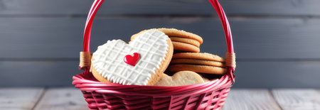 Basket with homemade tasty with icing heart shaped cookies on gray wooden table background. Valentines day, Mothers day food concept image. Banner for card, voucher, greeting card, print. Copy spaceの素材