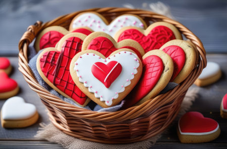 Basket with homemade tasty with icing heart shaped cookies on gray wooden table background. Valentines day, Mothers day food concept image. Banner for card, voucher, greeting card, print. Copy spaceの素材