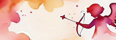 Illustration watercolor of greeting card white, cute, funny baby cupid angel with gold curly hair on pastels background. Promotion, shopping template for love and valentines, mothers day conceptの素材