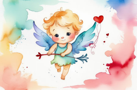 Illustration watercolor of greeting card white, cute, funny baby cupid angel with gold curly hair on pastels background. Promotion, shopping template for love and valentines, mothers day conceptの素材