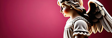 Illustration of greeting card of figurine of cute, funny baby cupid angel with gold curly hair on pastel colors background. Promotion, shopping template for love and valentines, mothers day conceptの素材