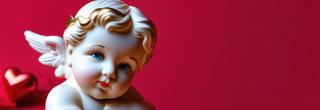 Illustration of greeting card of figurine of cute, funny baby cupid angel with gold curly hair on pastel colors background. Promotion, shopping template for love and valentines, mothers day conceptの素材