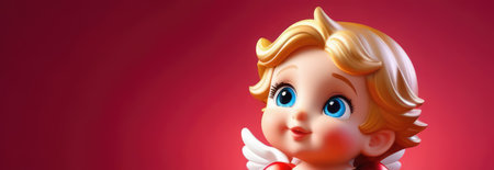 Illustration of greeting card of figurine of cute, funny baby cupid angel with gold curly hair on pastel colors background. Promotion, shopping template for love and valentines, mothers day conceptの素材