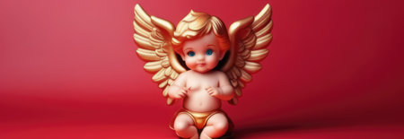 Illustration of greeting card of figurine of cute, funny baby cupid angel with gold curly hair on pastel colors background. Promotion, shopping template for love and valentines, mothers day conceptの素材