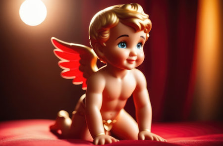 Illustration of greeting card of figurine of cute, funny baby cupid angel with gold curly hair on pastel colors background. Promotion, shopping template for love and valentines, mothers day conceptの素材