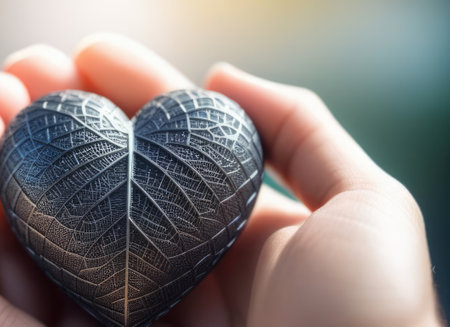 Beautiful fluffy voluminous metallic heart lies on palm in closeup. Womans hand holds heart on blurred background. Copy space. For valentines, mothers day greeting card, love sale banner, voucherの素材