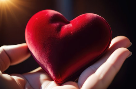 Beautiful fluffy voluminous red velvet heart lies on palm in closeup. Womans hand holds heart on blurred background. Copy space. For valentines, mothers day greeting card, love sale banner, voucherの素材