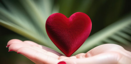 Beautiful fluffy voluminous red velvet heart lies on palm in closeup. Womans hand holds heart on blurred background. Copy space. For valentines, mothers day greeting card, love sale banner, voucherの素材