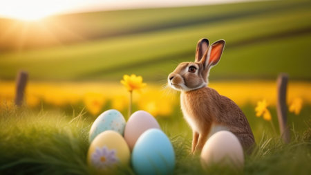 Holiday celebration banner with cute Easter bunny with decorated eggs and spring flowers on green spring meadow. Rabbit in landscape. Happy Easter greeting card, banner, festive background. Copy spaceの素材
