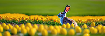 Holiday celebration banner with cute Easter bunny with decorated eggs and spring flowers on green spring meadow. Rabbit in landscape. Happy Easter greeting card, banner, festive background. Copy spaceの素材