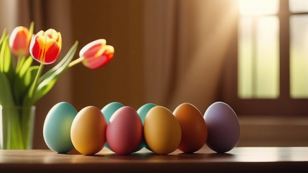 Table with vase of tulips, colorful Easter eggs. Eggs and vase of tulips on kitchen table near window. Happy Easter greeting card, banner, festive background. Blurred background. Copy spaceの素材