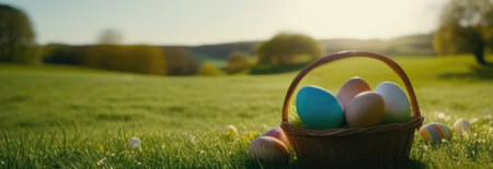 Holiday celebration banner with cute Easter decorated eggs in basket and spring flowers on green spring meadow. Flowers in landscape. Happy Easter greeting card, banner, festive background. Copy spaceの素材
