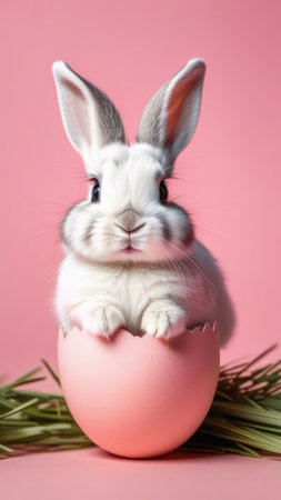 Happy Easter banner with cute Easter bunny hatching from pink Easter egg on pastel pink background. Illustration of Easter rabbit sitting in cracked eggshell. Happy Easter greeting card. Copy spaceの素材
