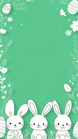 Holiday celebration banner of cute Easter decorated eggs cute Easter bunnys. Illustration of Easter rabbits, eggs on green background.Happy Easter greeting card, banner, festive background. Copy spaceの素材