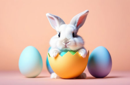 Easter banner with cute Easter bunny hatching from pastel color Easter egg on pastel color background. Illustration of Easter rabbit sitting in cracked eggshell. Happy Easter greeting card. Copy spaceの素材