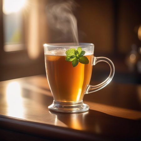 Steaming cup of tea being poured into waiting cup sitting gracefully on wooden table, capturing the essence of morning rituals. Rich aroma fills the air, promising moment of warmth. Calming moment in busy dayの素材