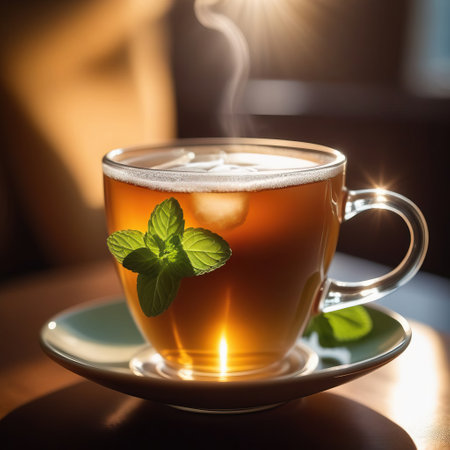 Steaming cup of tea being poured into waiting cup sitting gracefully on wooden table, capturing the essence of morning rituals. Rich aroma fills the air, promising moment of warmth. Calming moment in busy dayの素材