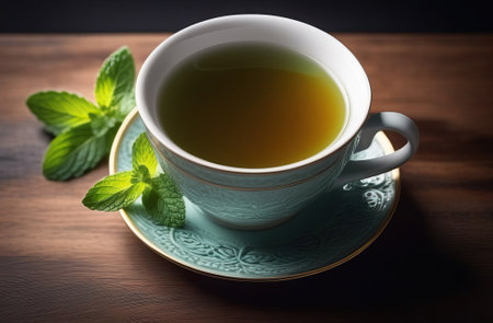 Soothing cup of tea with fresh mint leaves, placed elegantly on rustic wooden table, invoking sense of calm and relaxation. Cup of tea infused with lemon and aromatic mint leaves, blend of flavorsの素材