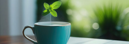 Soothing cup of tea with fresh mint leaves, placed elegantly on rustic wooden table, invoking sense of calm and relaxation. Cup of tea infused with lemon and aromatic mint leaves, blend of flavorsの素材