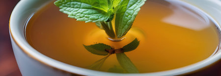 Soothing cup of tea with fresh mint leaves, placed elegantly on rustic wooden table, invoking sense of calm and relaxation. Cup of tea infused with lemon and aromatic mint leaves, blend of flavorsの素材