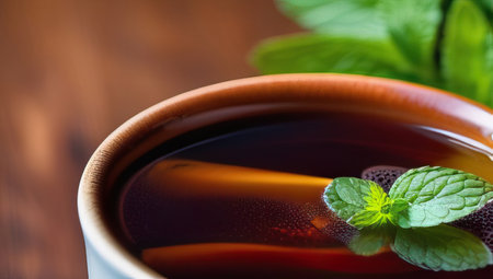 Soothing cup of tea with fresh mint leaves, placed elegantly on rustic wooden table, invoking sense of calm and relaxation. Cup of tea infused with lemon and aromatic mint leaves, blend of flavorsの素材