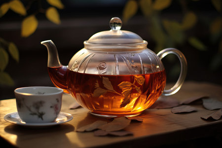 Glass teapot sits elegantly on wooden table next to steaming cup of tea, creating a tranquil scene for cozy afternoon break. Scene evokes a sense of comfort and relaxation. Calming moment in busy dayの素材