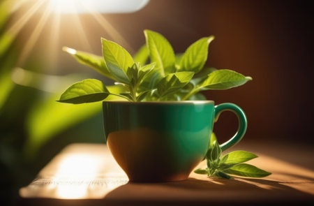 Tea leaves are in cup on table. Plant is surrounded by sunlight, which makes it look fresh, healthy. Cup of green tea sits on table, bathed in gentle sunlight streaming through window. Copy spaceの素材