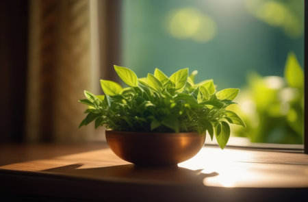 Vibrant tea leaves in pot, adding touch of nature to wooden table setting, creating serene, refreshing atmosphere indoors bathed in gentle sunlight streaming through window, contemplative sceneの素材