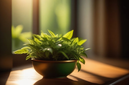 Vibrant tea leaves in pot, adding touch of nature to wooden table setting, creating serene, refreshing atmosphere indoors bathed in gentle sunlight streaming through window, contemplative sceneの素材