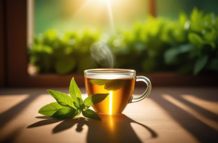 Tea leaves are in cup on table. Plant is surrounded by sunlight, which makes it look fresh, healthy. Cup of green tea sits on table, bathed in gentle sunlight streaming through window. Copy spaceの素材
