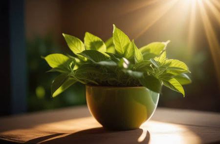 Vibrant tea leaves in pot, adding touch of nature to wooden table setting, creating serene, refreshing atmosphere indoors bathed in gentle sunlight streaming through window, contemplative sceneの素材